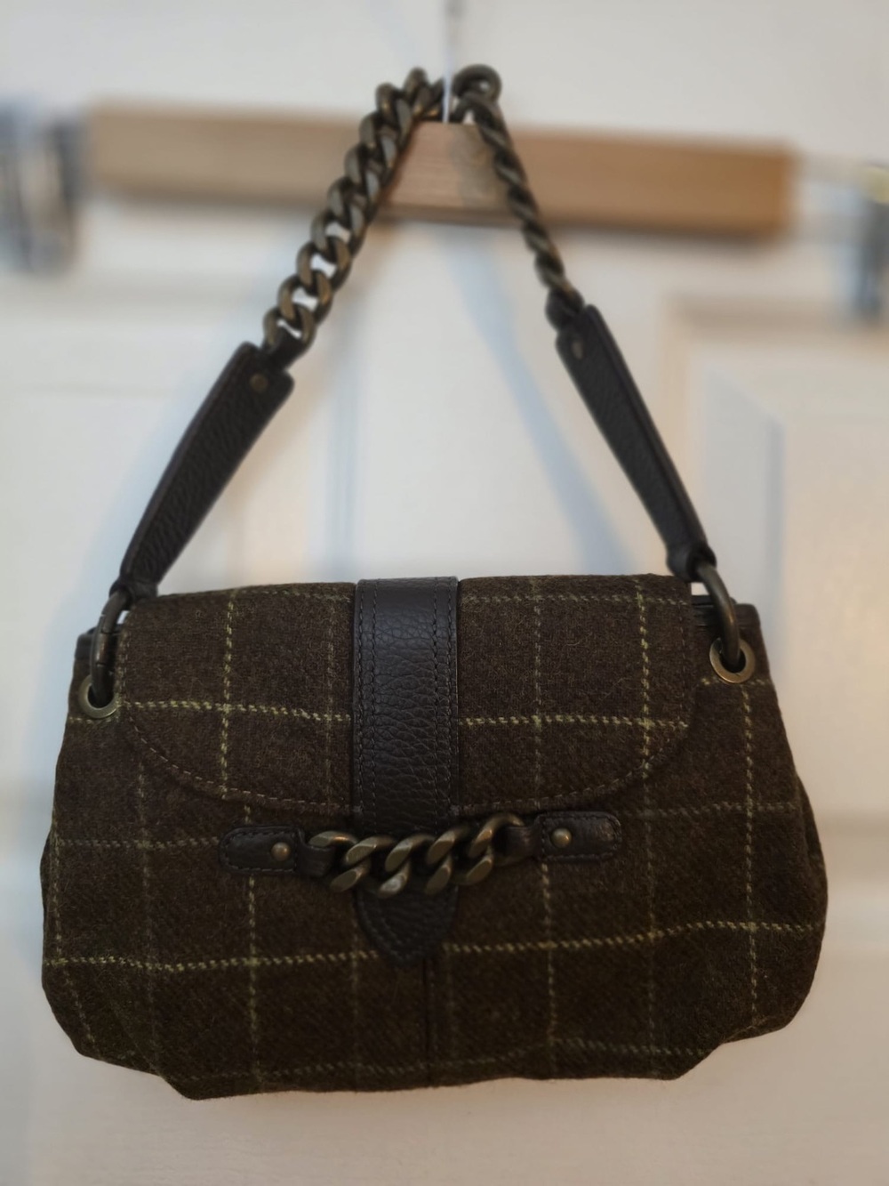Women’s J Crew Wool and Leather Brown Plaid Shoulder Bag with Chain Detail. NWT